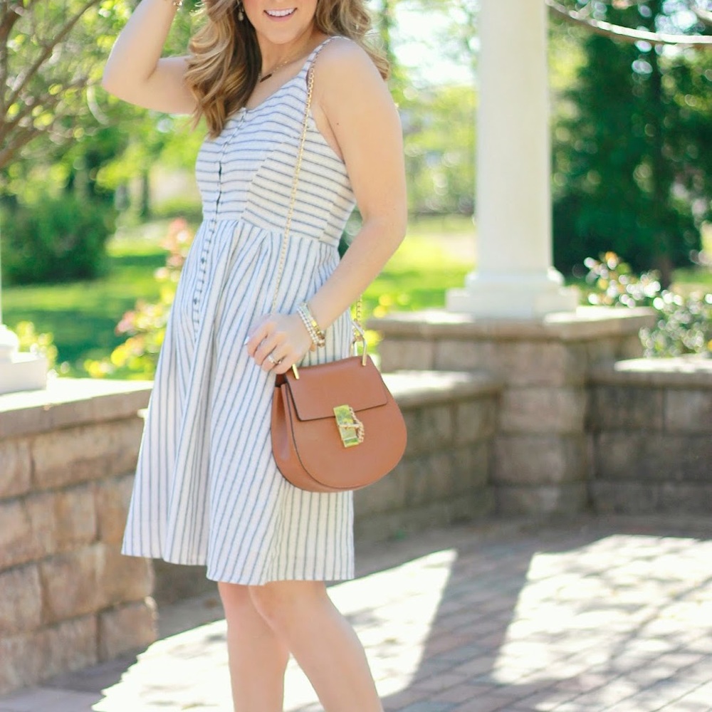 Linen button front stripe dress